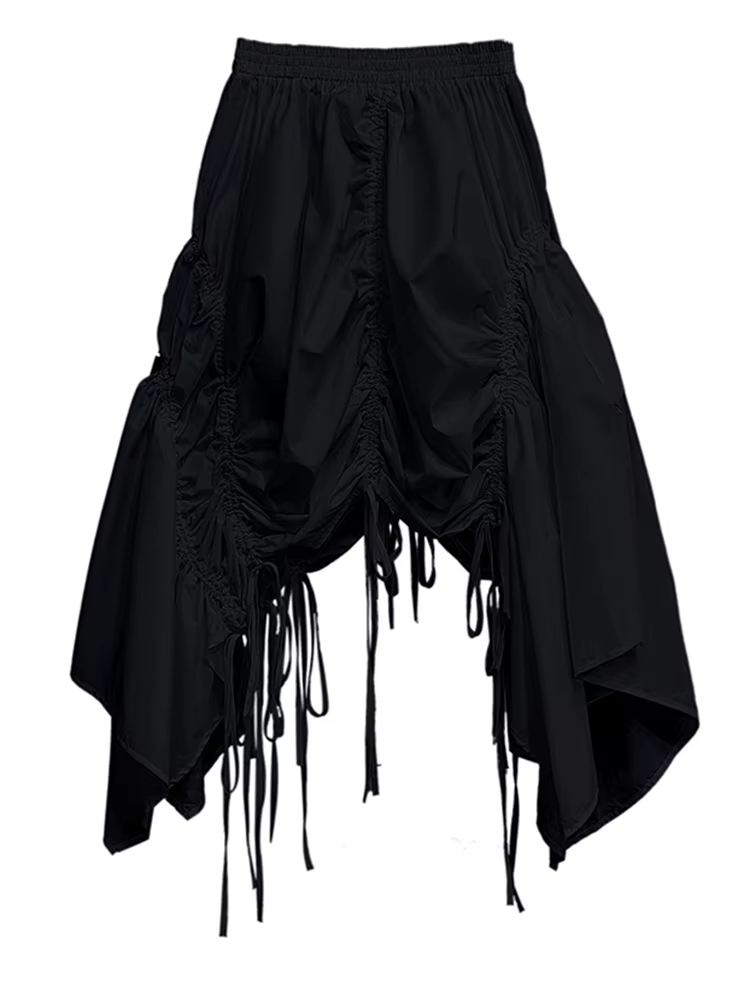 EAM taille haute élastique noir cordon irrégulier a-ligne demi-corps jupe femmes mode marée nouveau 