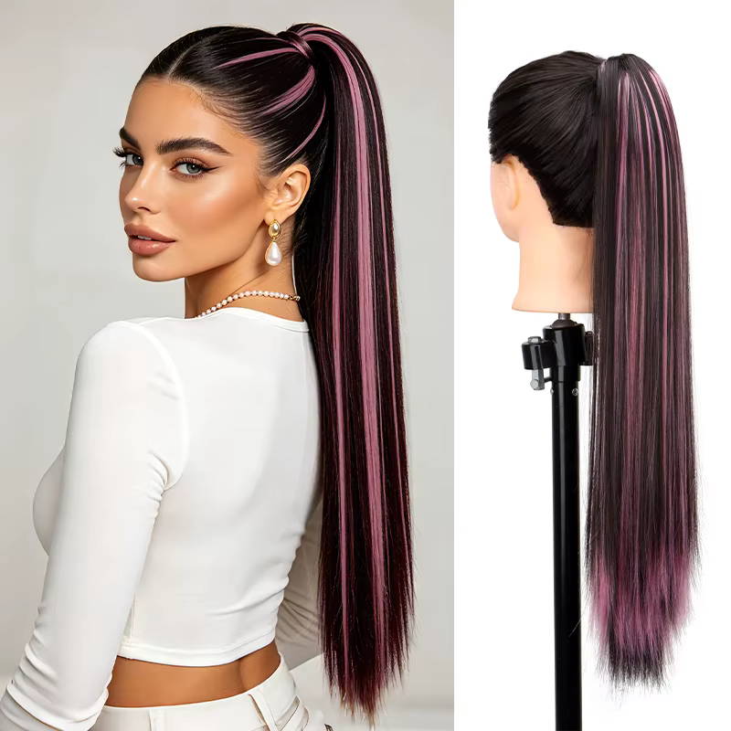 Extensions de cheveux queue de cheval longues et droites à dégradé, postiche synthétique résistant à
