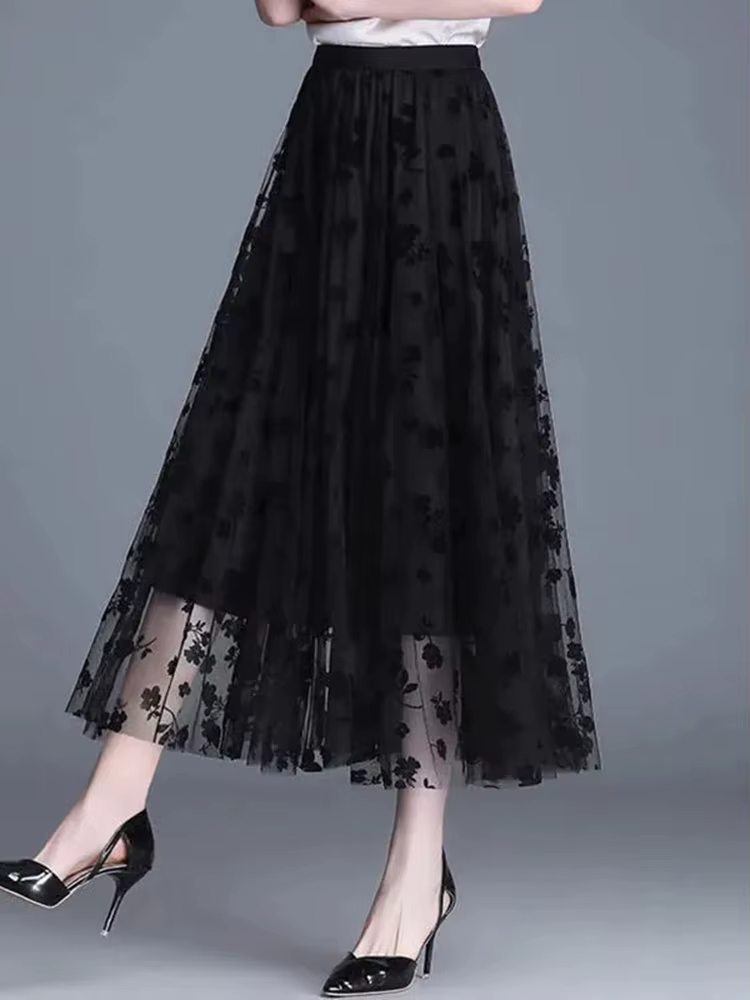 Jupe mi-longue brodée florale pour femmes, taille haute, en Tulle, maille élégante, coréenne, ligne