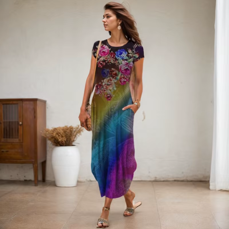Robe mi-longue à imprimé floral vintage pour femmes, pull à manches courtes, robes longues avec poch