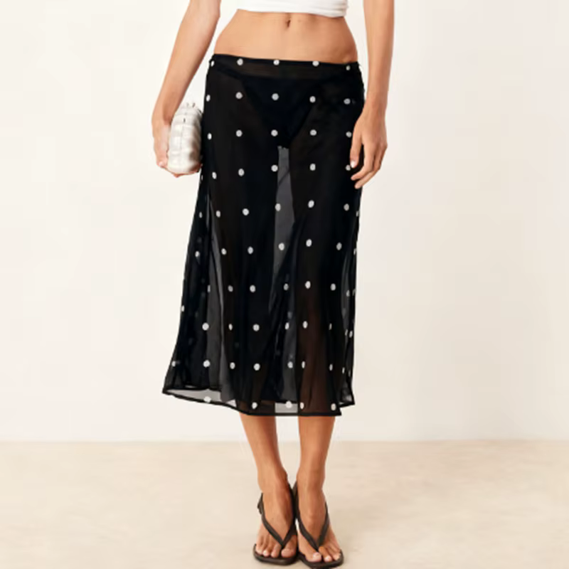 Hirigin femmes à pois pure jupe Midi Sexy voir à travers taille basse jupe longue fluide maille couv