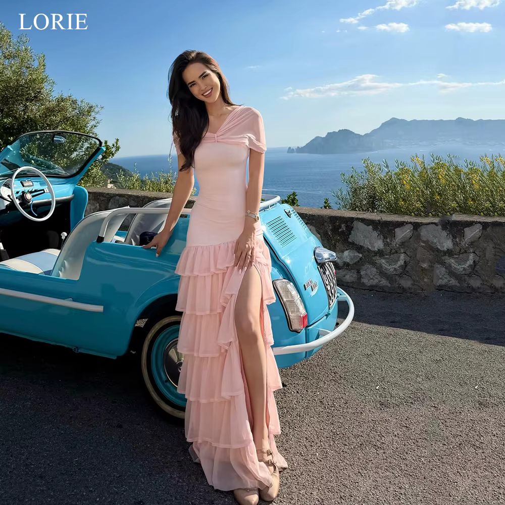 LORIE Robes de soirée chics à épaules dénudées, robes de fête cintrées à la taille, à volants, à fen