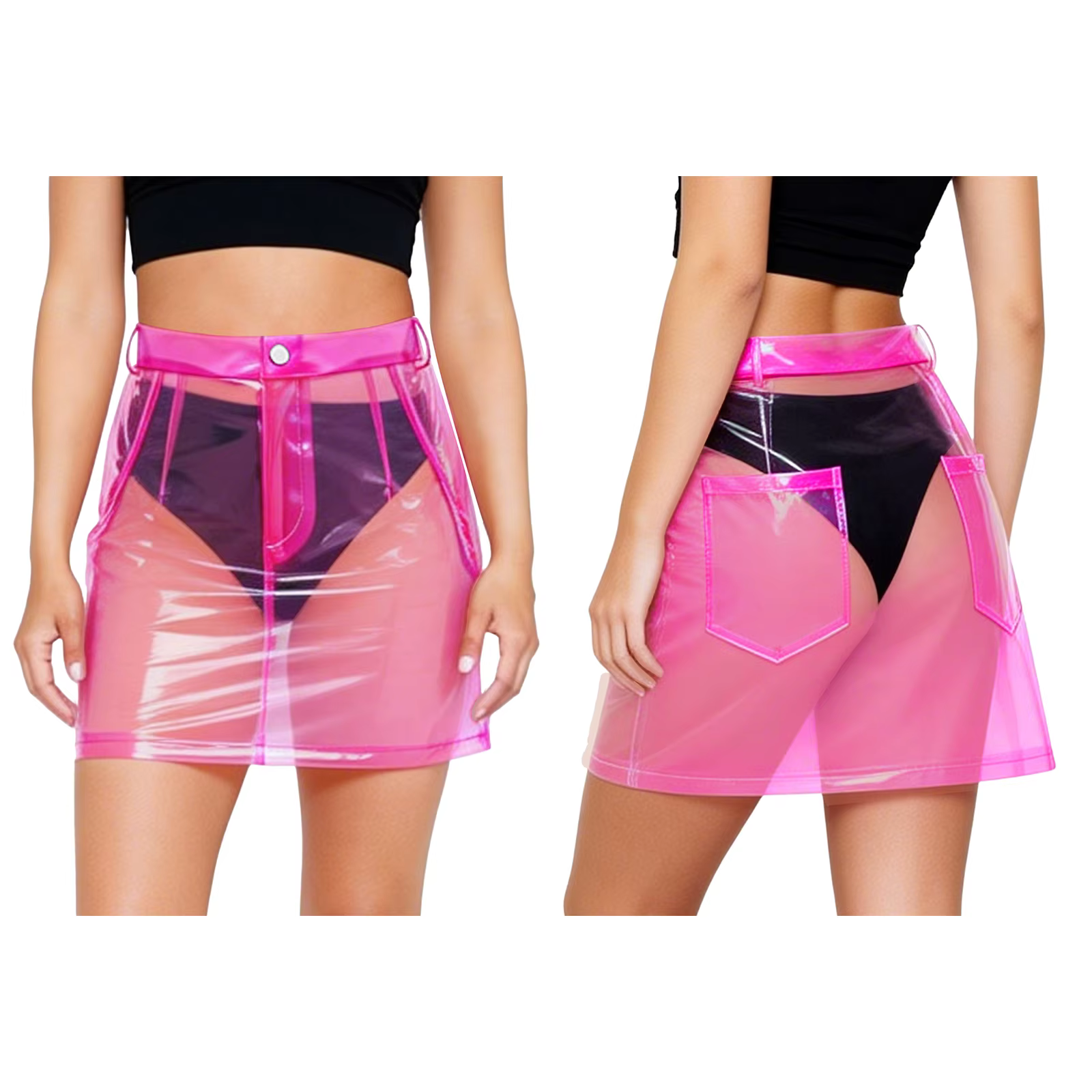 Jupe moulante transparente en PVC pour femme, taille haute, style crayon, avec poches, pour la danse