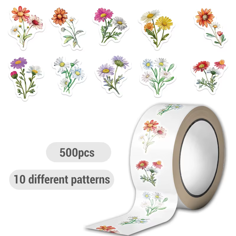 Rouleau d'autocollants marguerite, 500 pièces, fleurs mignonnes, autocollants en rouleau de fleurs r