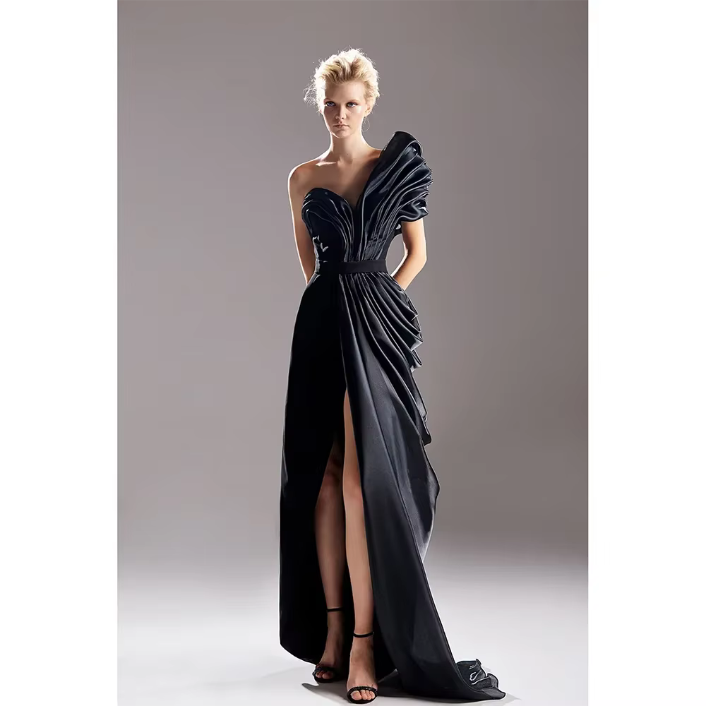 Robe de soirée noire, asymétrique épaule dénudée, ligne A, plissée, fente sur les cuisses, robes de