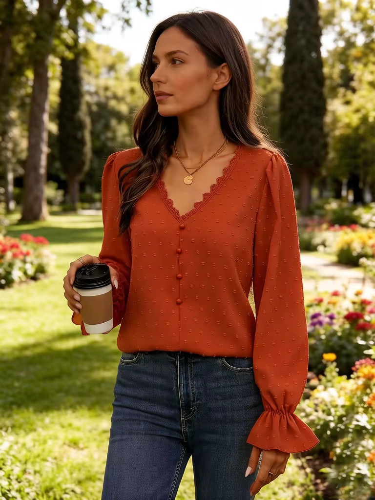 Chemisier à manches cloche et col en V pour femme avec bordure en dentelle et boutons, hauts décontr