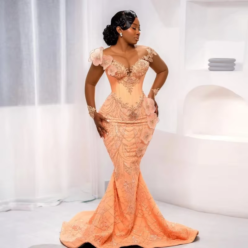 Robes de bal longues à fleurs pour filles noires, style sirène, transparentes, perlées, robes de soi
