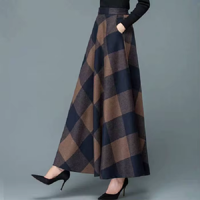 Jupe trapèze longue mi-longue en laine à carreaux taille haute pour femme, grande taille, mode autom
