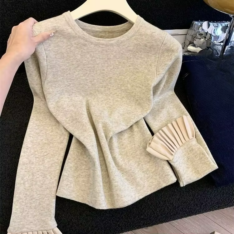 Haut tricoté Chic à manches évasées pour femmes, chemise de Base à col rond, automne et hiver