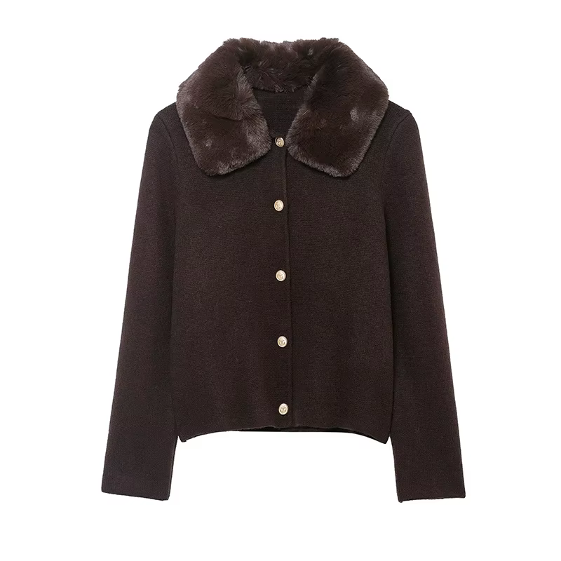 Veste femme 2025 automne nouveau Style marron foncé à manches longues col en fausse fourrure tricot
