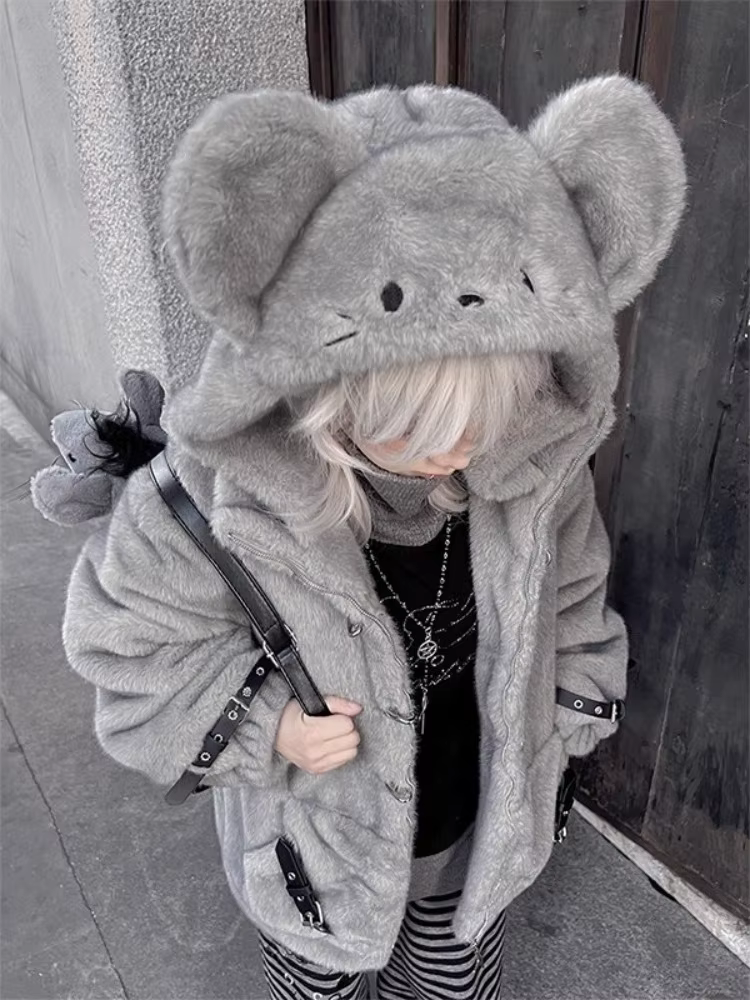Manteau en fourrure d'agneau à capuche avec oreilles de souris, vêtements d'automne et d'hiver, vête