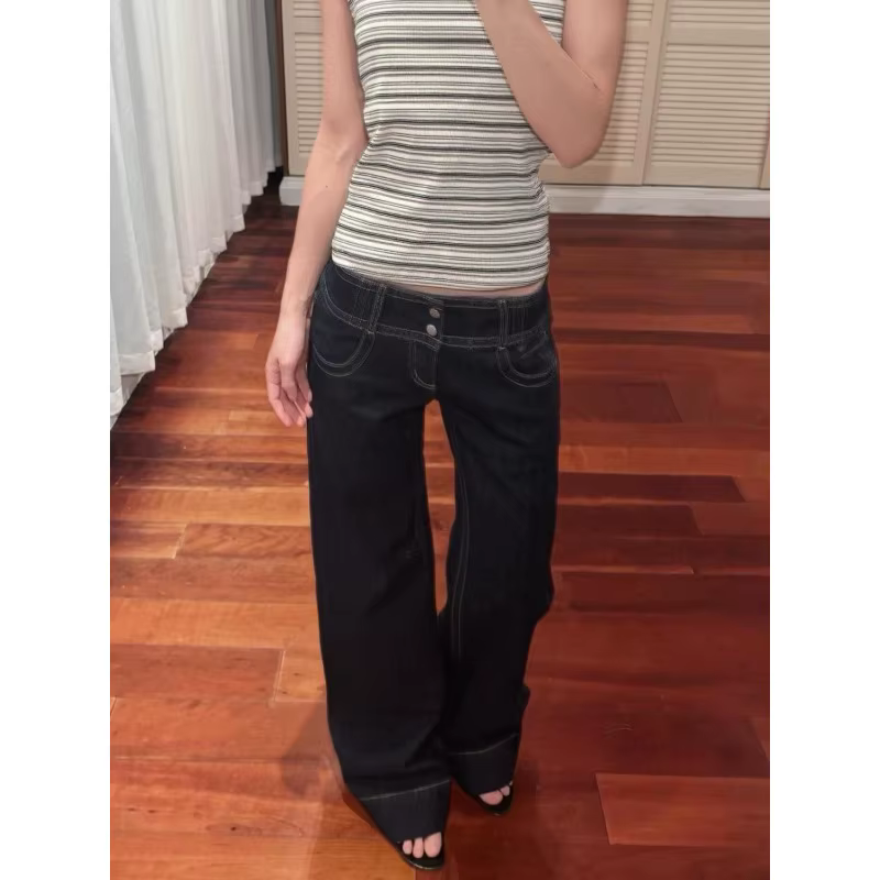 Jean rétro américain taille basse à jambes larges pour femmes, pantalon ample drapé, grande longueur