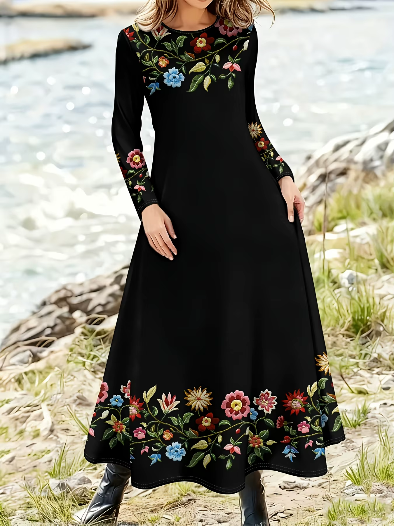Robe à manches longues à imprimé floral pour femme, style vacances, base noire, motif feuilles tropi