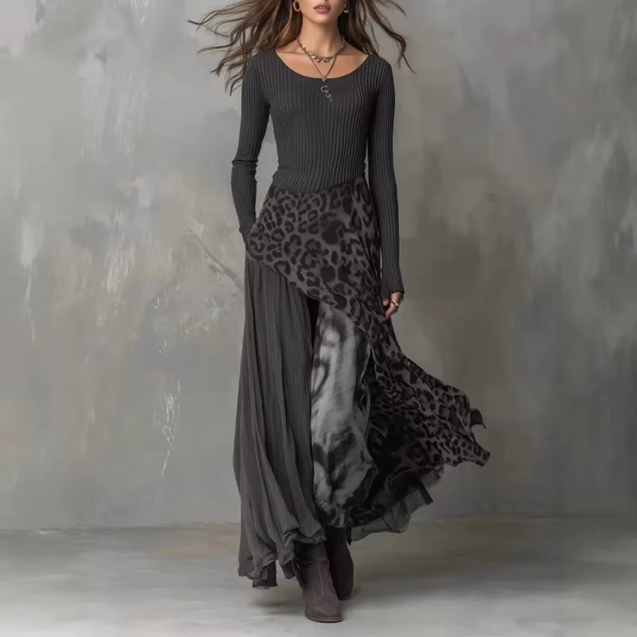 Robe longue élégante pour femme à imprimé léopard et empiècements, taille haute, pour soirée, printe