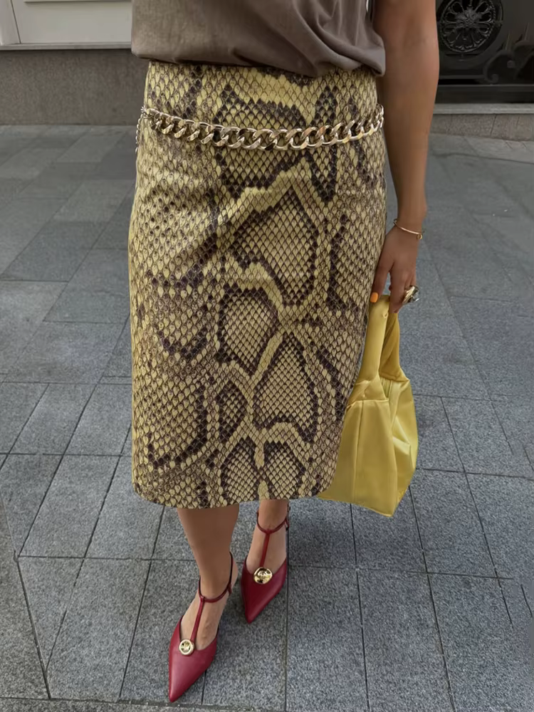 Jupe droite à motif serpent tendance pour femme, taille haute, longue et ajustée, style streetwear, 