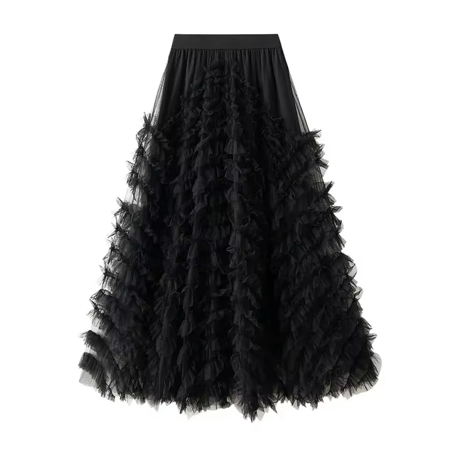 Jupe Maxi en Tulle à Plusieurs Niveaux pour Femme, Longue en Maille Rose, Taille Haute, Élégante, No