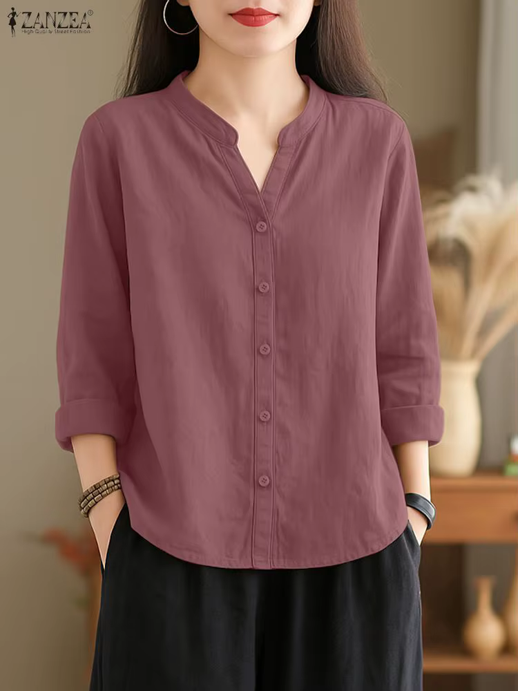 ZANZEA 2025 automne chemise mode femmes col en V à manches longues hauts élégant solide OL travail B