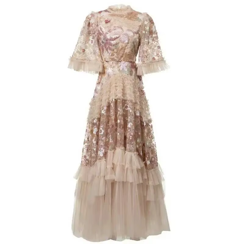 QMQA mode femmes robe élégante broderie paillettes manches évasées à volants bouffantes robes de gât