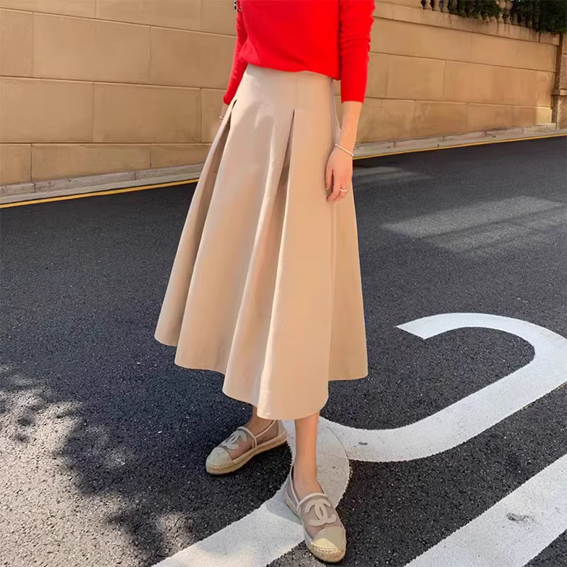 Hepburn-Jupe plissée taille haute pour femme, jupe parapluie Swing, petit bouton, style haut de gamm