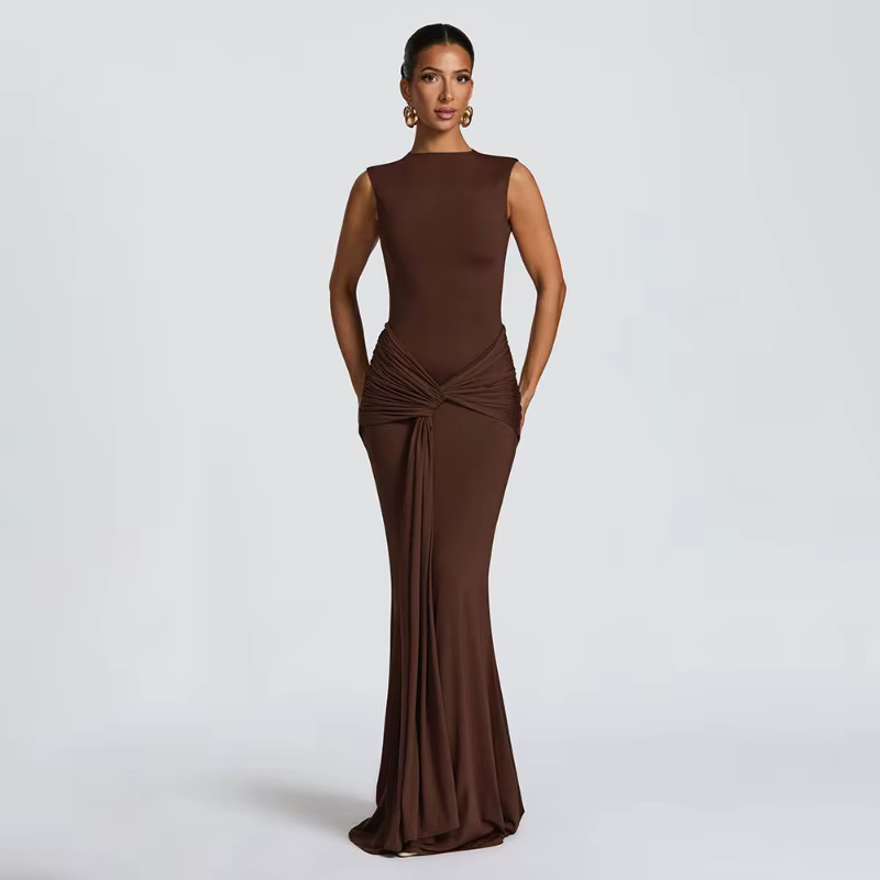 Nouvelle Robe Longue Élégante Marron Dos Nu pour Femme, Col Rond, Sans Manches, Moulante et Drapée, 