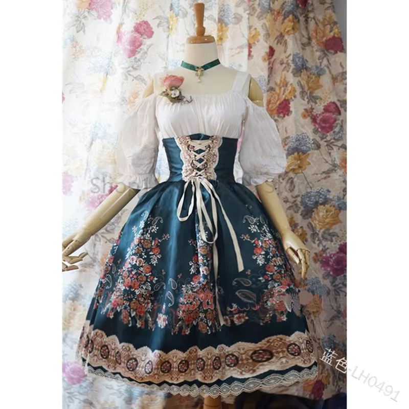 Robes rétro Lolita imprimées, taille haute, manches longues, dentelle, gothique victorien, Costume m
