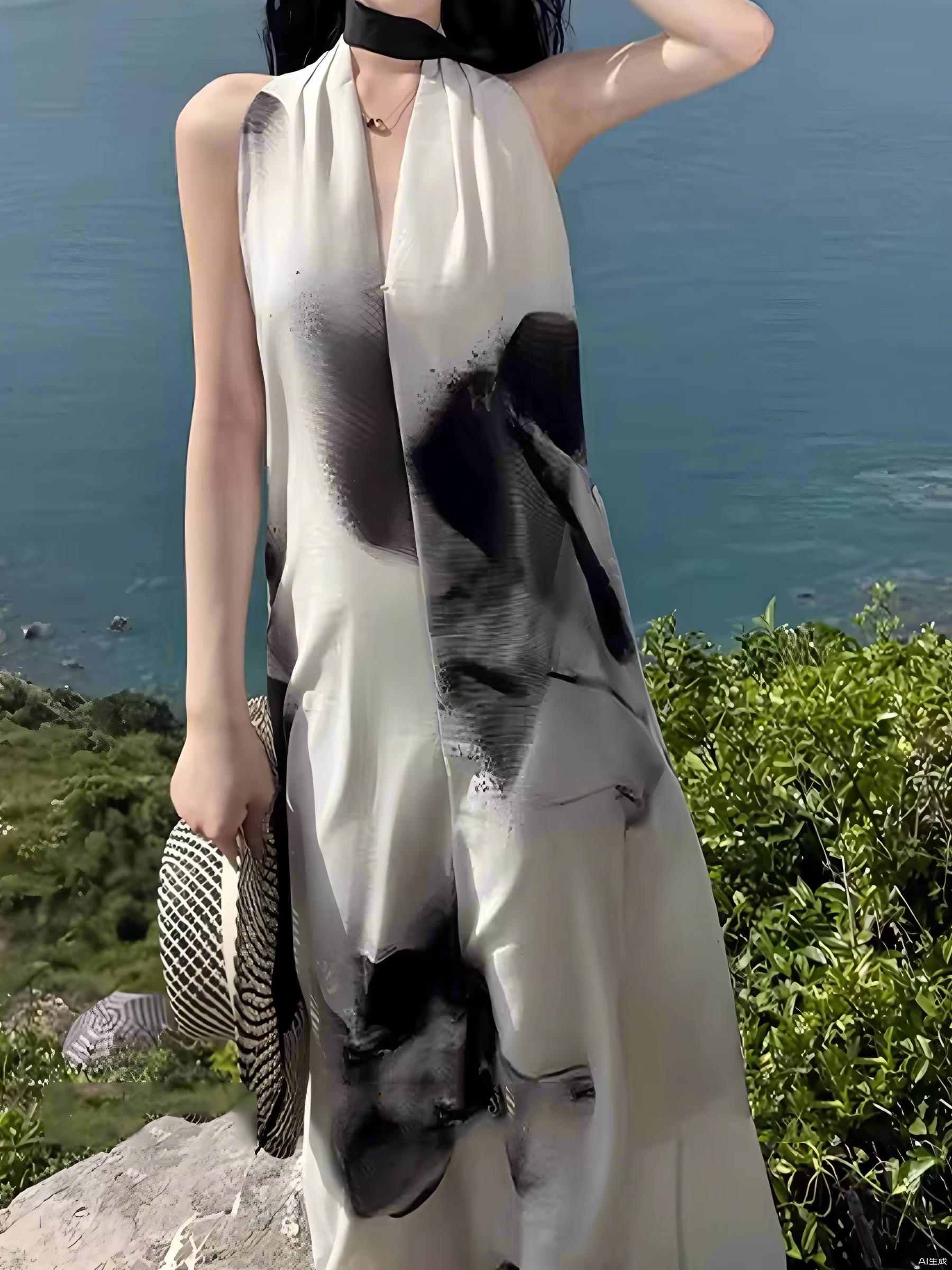 Robe blanche d'été 2025, robe longue à bretelles de Style français élégant, robe gilet trapèze impri