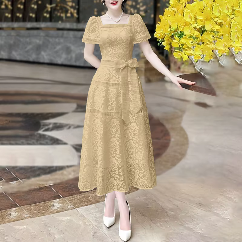 ZANZEA élégant dentelle longues robes femmes taille arc fête Robe d'été 2025 Sexy col carré à manche