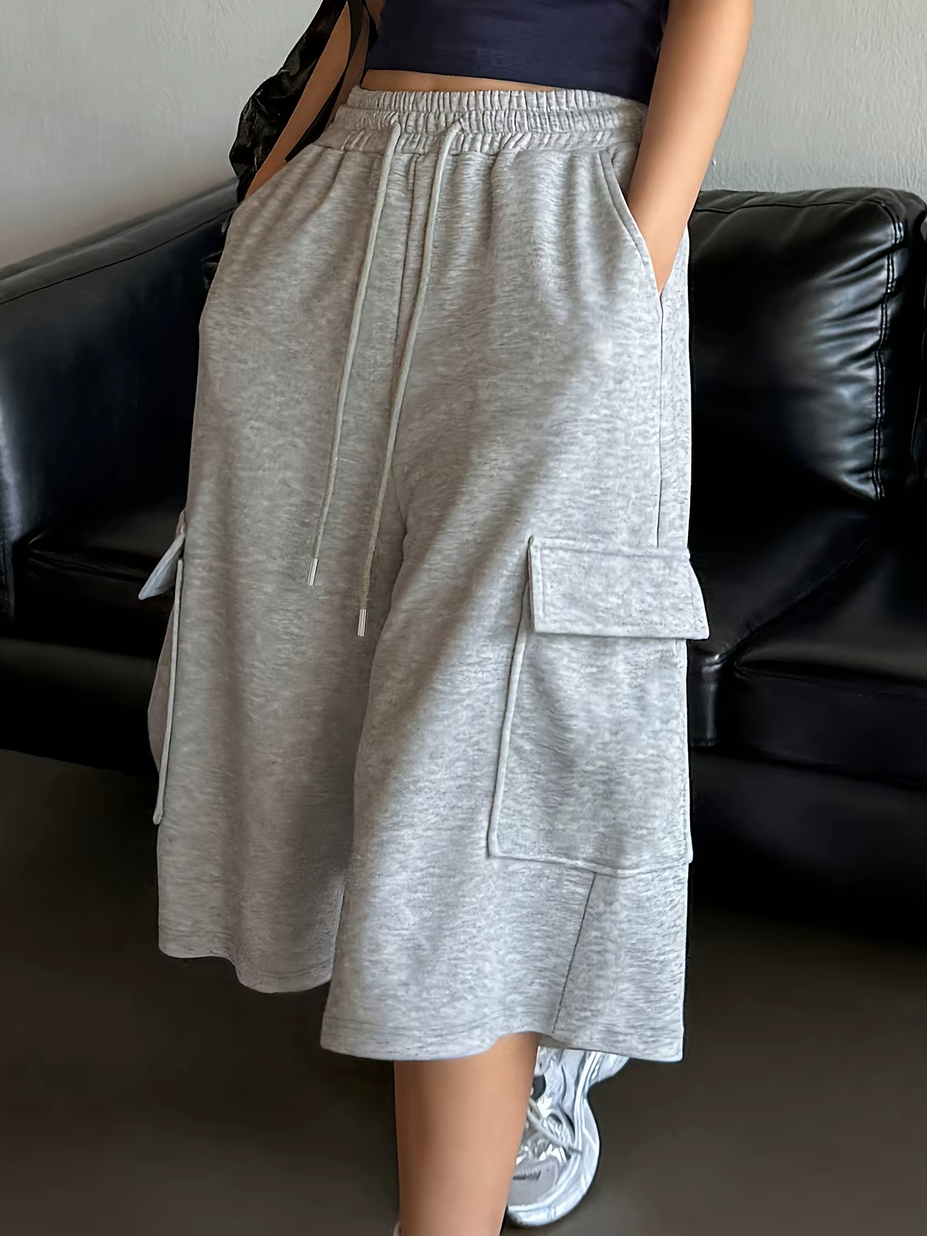 Shorts longs décontractés pour femmes, taille haute, coupe droite, jambes larges, mi-longs, gris, co