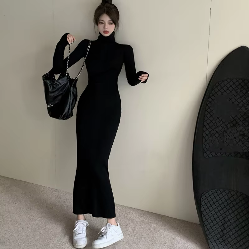 Robe tricotée à manches longues pour femmes, nouvelle mode, Sexy, Slim, chaude, col roulé, noire, lo