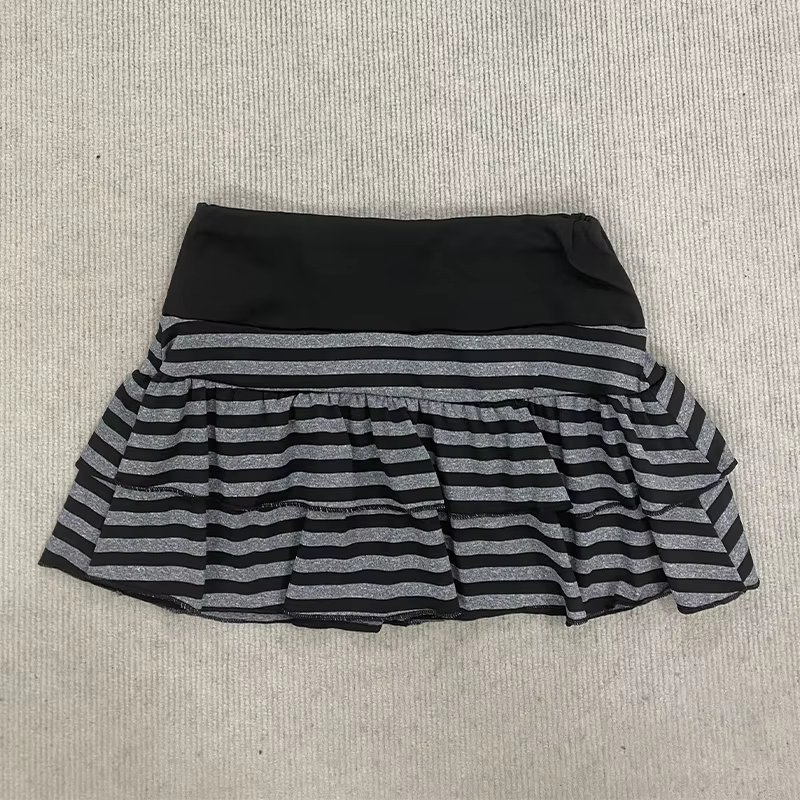 Mini jupe à volants rayée noire et grise, vêtements pour femmes Y2K Grunge, taille haute, taille éla