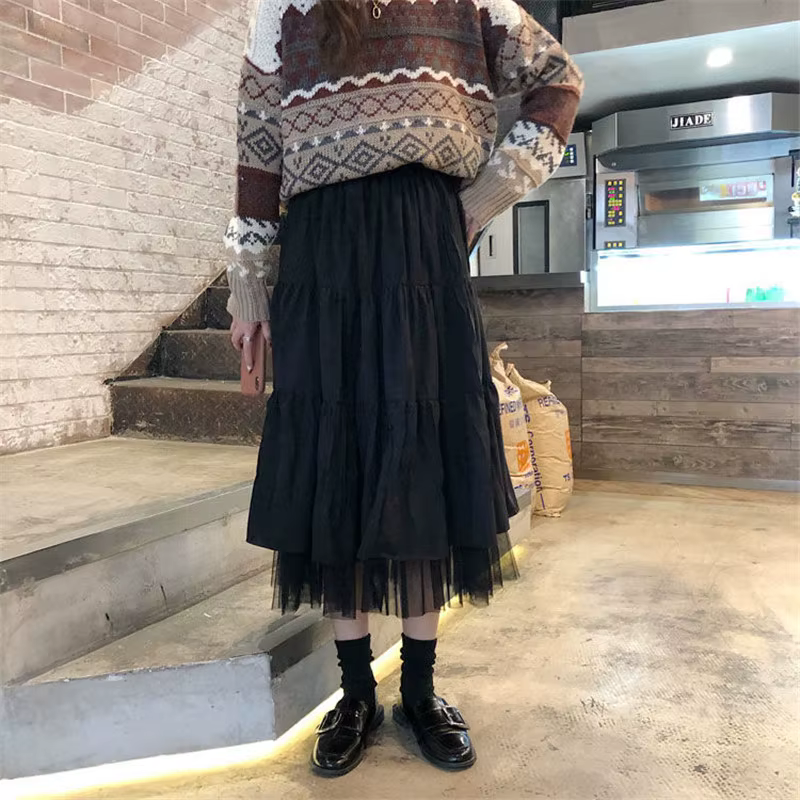 Jupe longue en tulle pour femme, taille haute élastique, tutu en maille plissée, noir, blanc, street