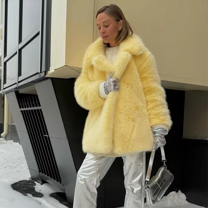 Manteau mi-long en fausse fourrure pour femme, revers solide, manches longues, pardessus chaud et do