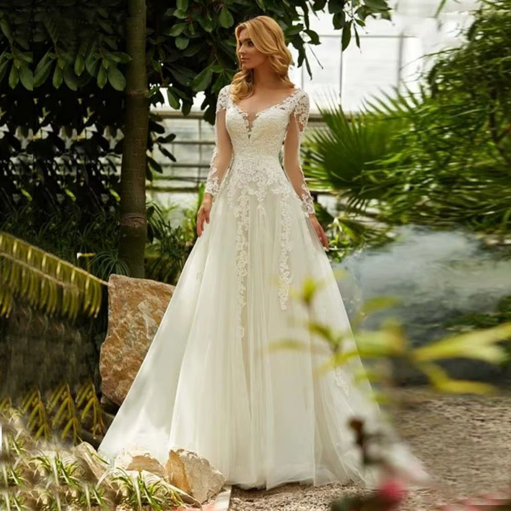 Robe de mariée à manches longues pour printemps et été, Simple, col en v, coupe cintrée, en mousseli