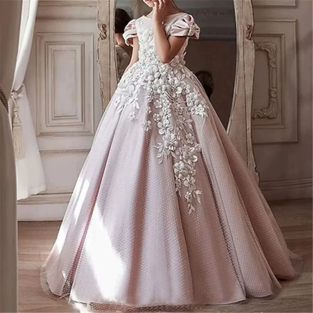 Robe de demoiselle d'honneur rose pour mariage, appliques florales 3D, robe élégante pour enfants, f