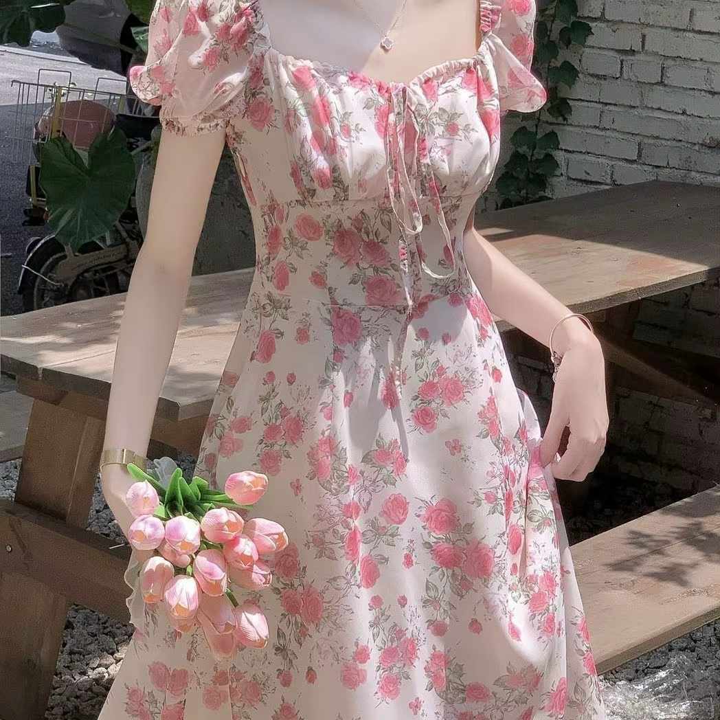 Robe Slim rose à fleurs Chic, moulante à la taille, jupe longue française pour femmes en été, vacanc