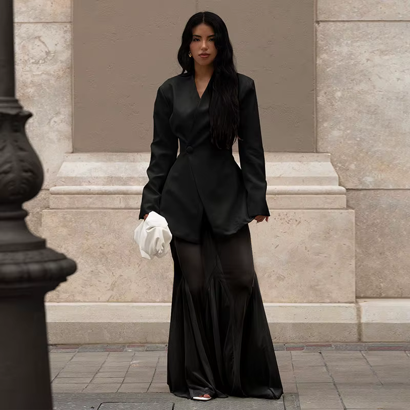 Ensemble 2 pièces jupe et veste pour femme, col en V, patte de boutonnage latérale, veste ajustée à 