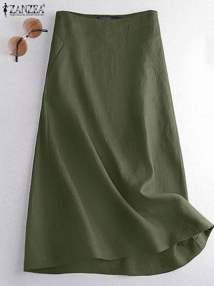 ZANZEA Vintage Jupe ample femmes couleur unie cheville longueur jupes femme décontracté mode Robe ta