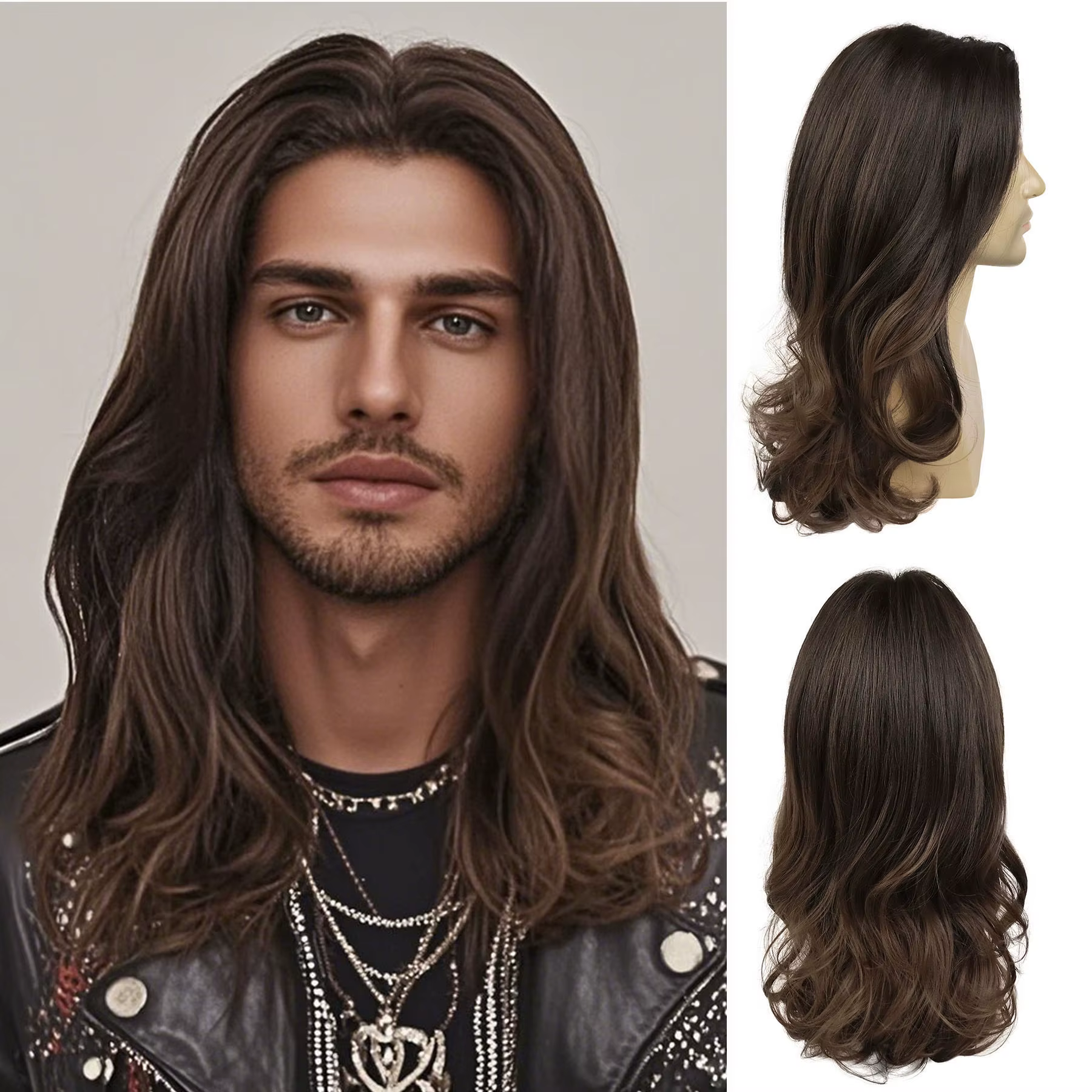 Perruques synthétiques ondulées bouclées brunes pour hommes, coupes de cheveux longues avec raie au 