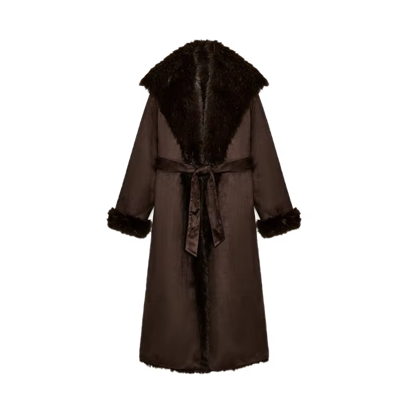 Vestes pour femmes manteau effet fausse fourrure col rabattu à lacets femmes manteaux solide hiver é