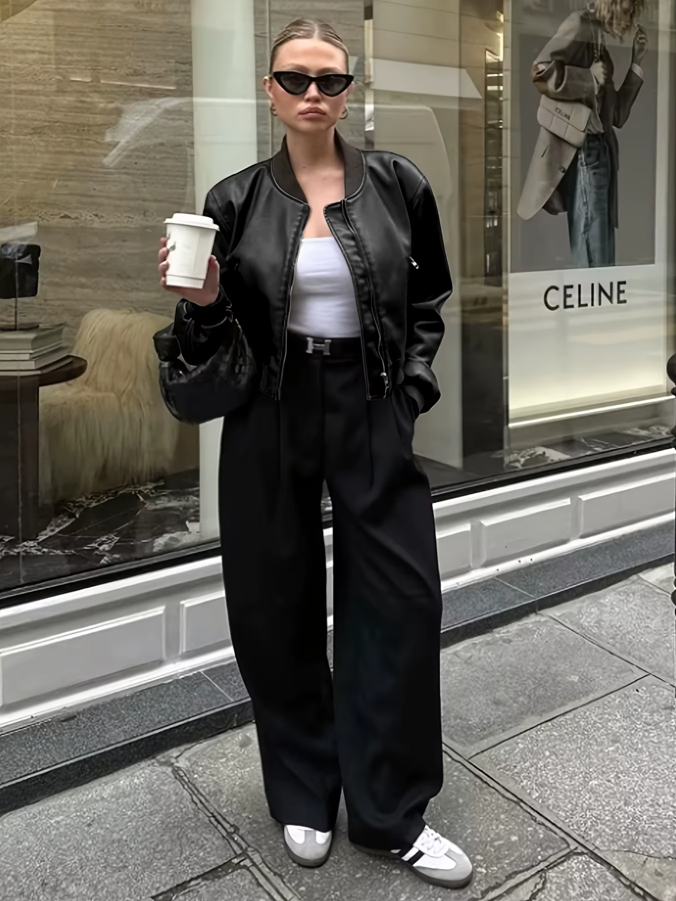 Blouson bomber court en simili cuir noir pour femme - Veste à col zippé à manches longues