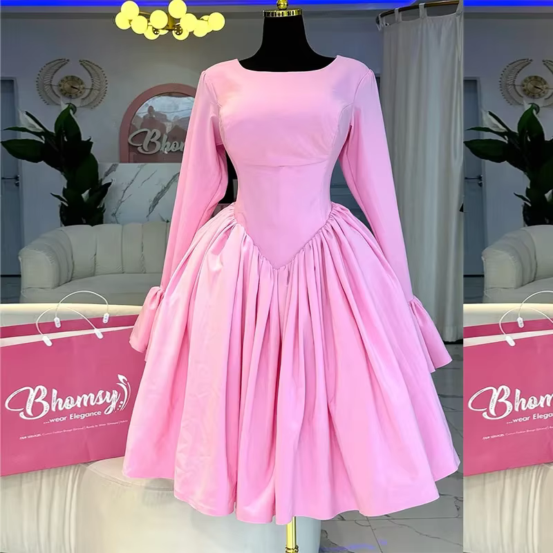 Robe mi-longue pour femmes, ligne A, plissée, col rond, décontractée, élégante, rose, tenue de soiré