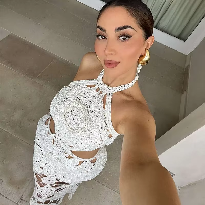 Robes longues sexy crochet fleur au crochet femmes tricoté licou évider sans manches dos nu robe Max