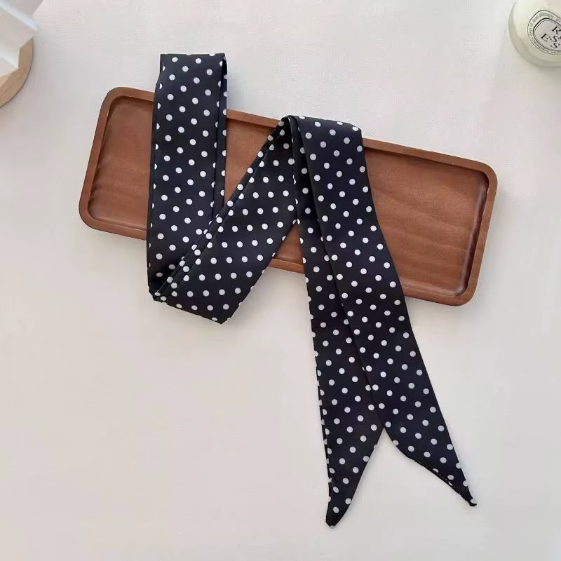 Écharpe longue et étroite pour femme 140x4cm à pois, ruban de sac, bandeau, collier ras-du-cou, acce