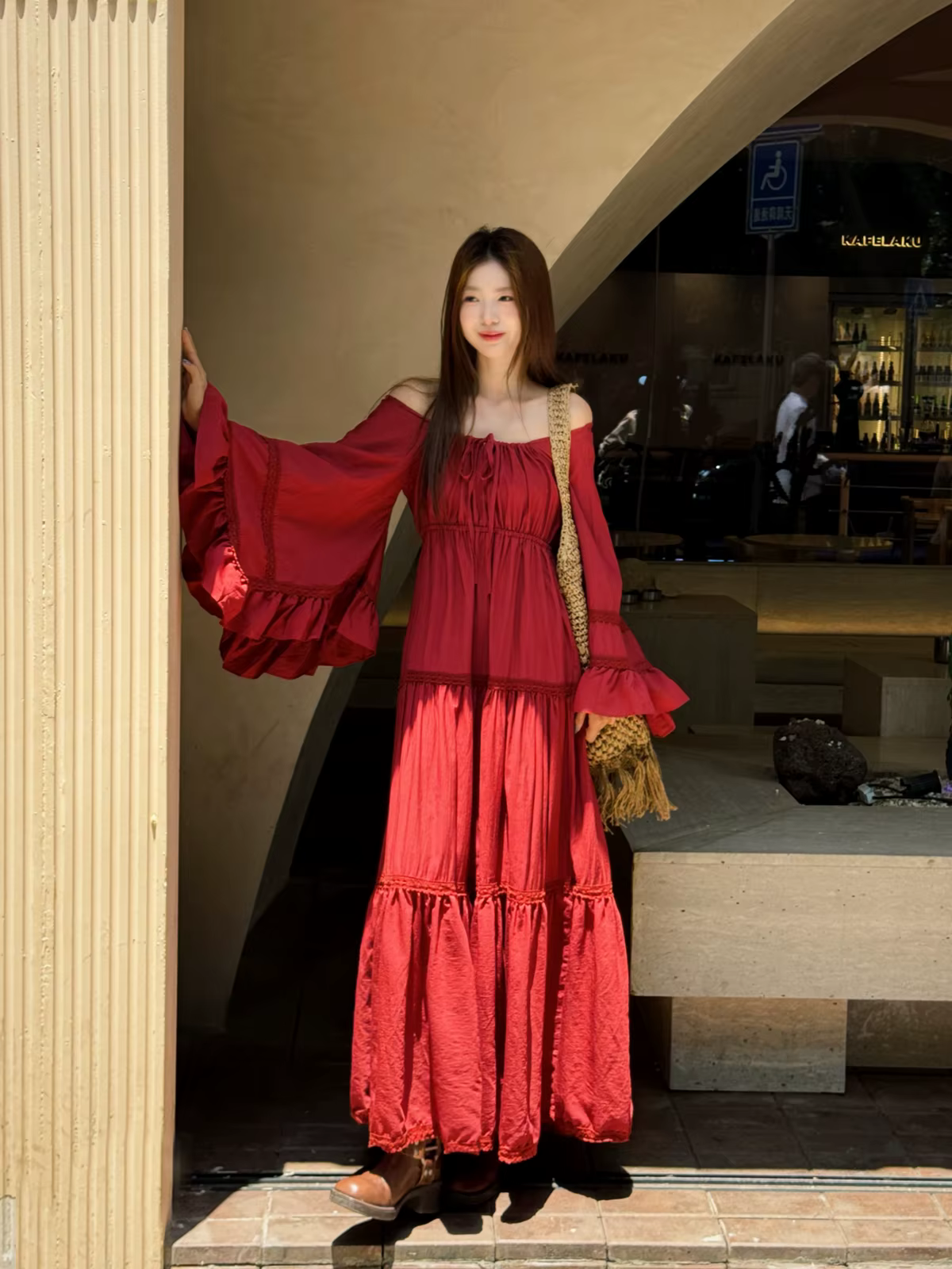 Femmes rouge longue Robe Maxi concepteur rétro Style français manches évasées fée princesse robes po