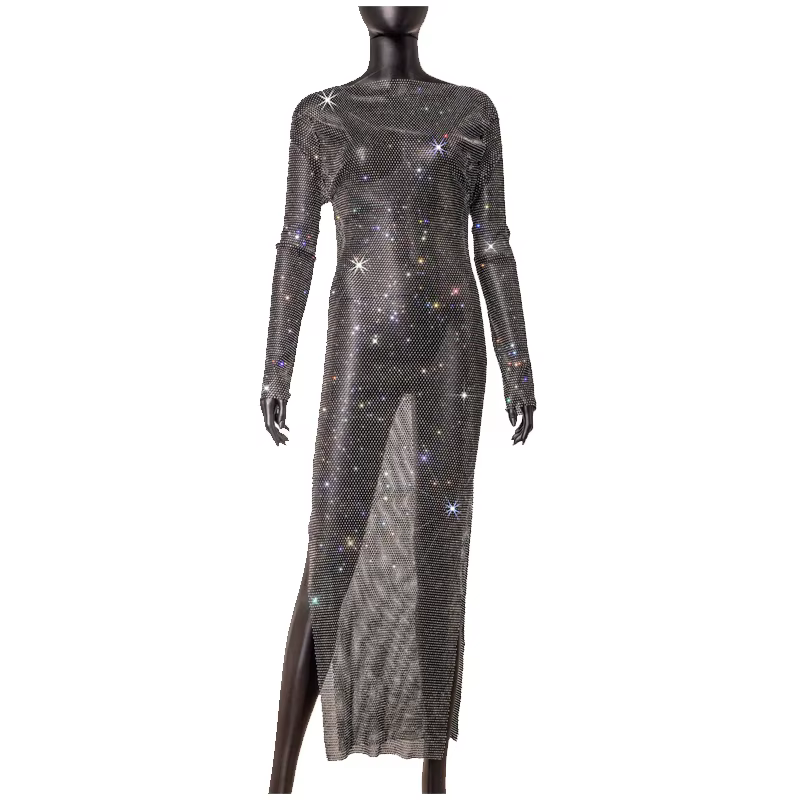 Robe longue de haute qualité pour femmes, ornée de strass étincelants, en résille, col rond, robe de