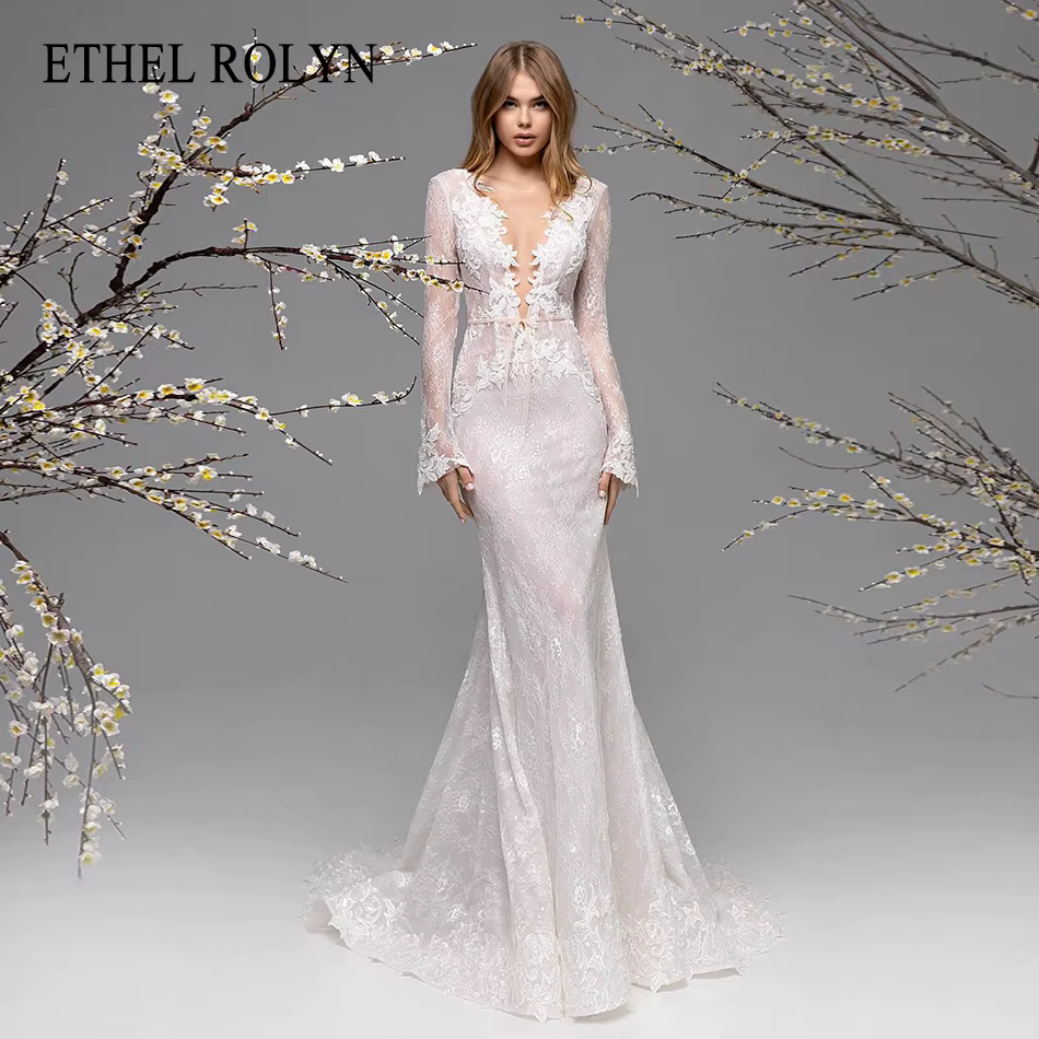 ETHEL ROLYN robe De mariée sirène à manches longues col en v profond imprimé fleuri dos nu robe De m