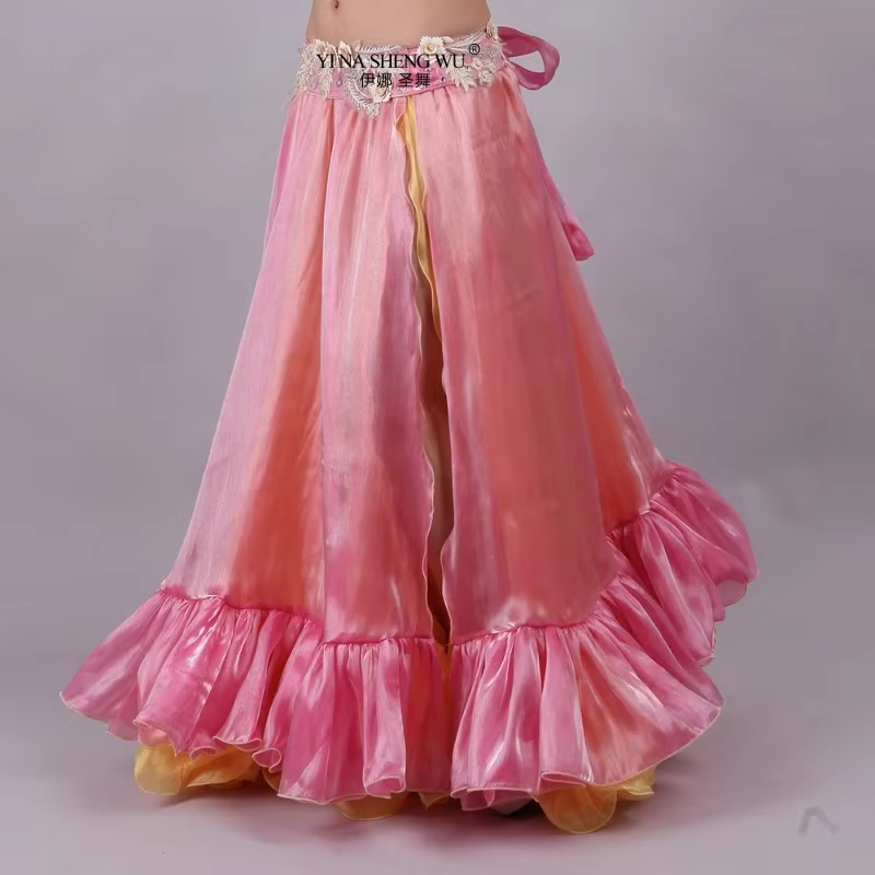 Jupe de danse du ventre pour femmes, en mousseline de soie brillante, ourlet évasé, Costume de spect