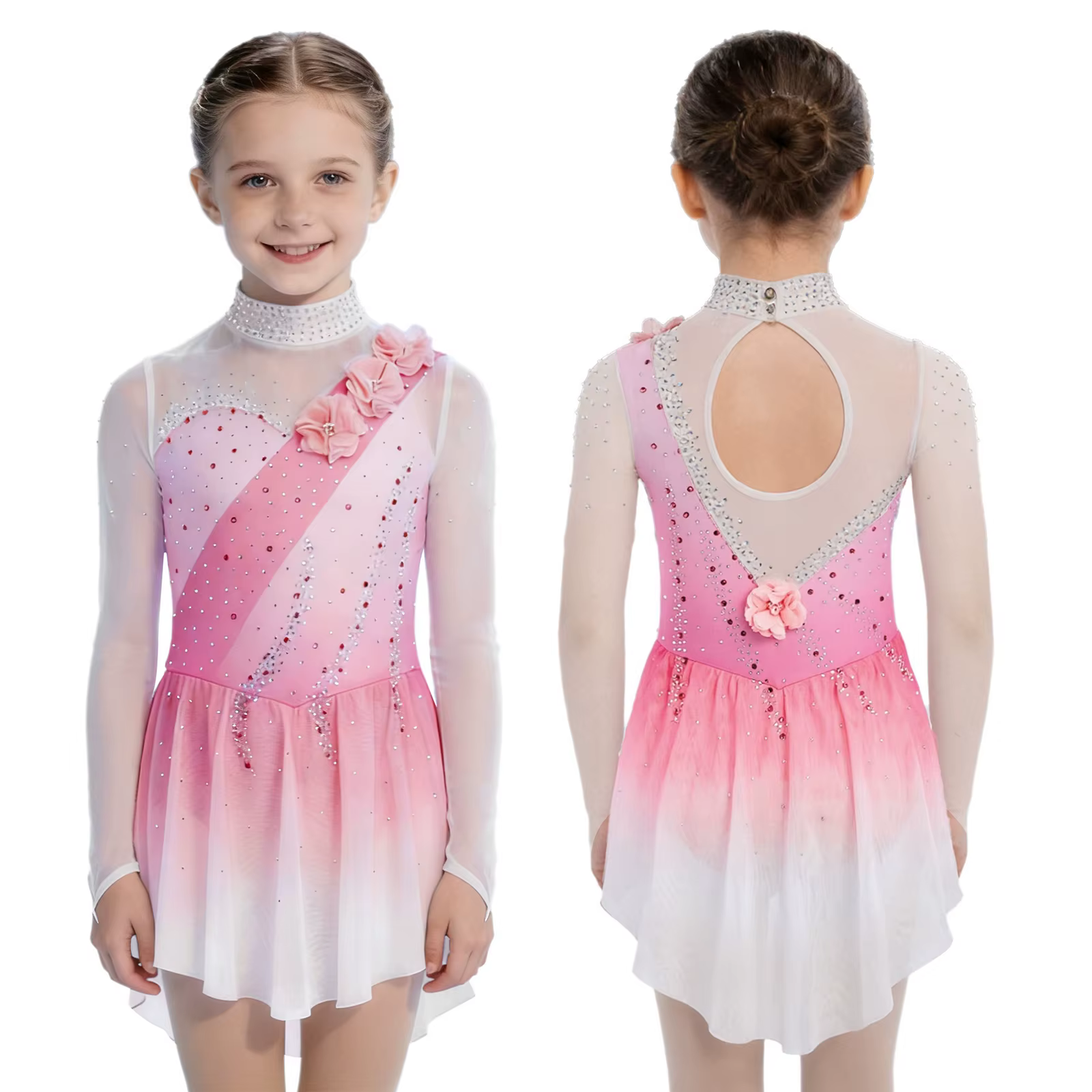 Robe de concours de patinage artistique pour filles, tenue à manches longues, fleurs 3D, maille tran