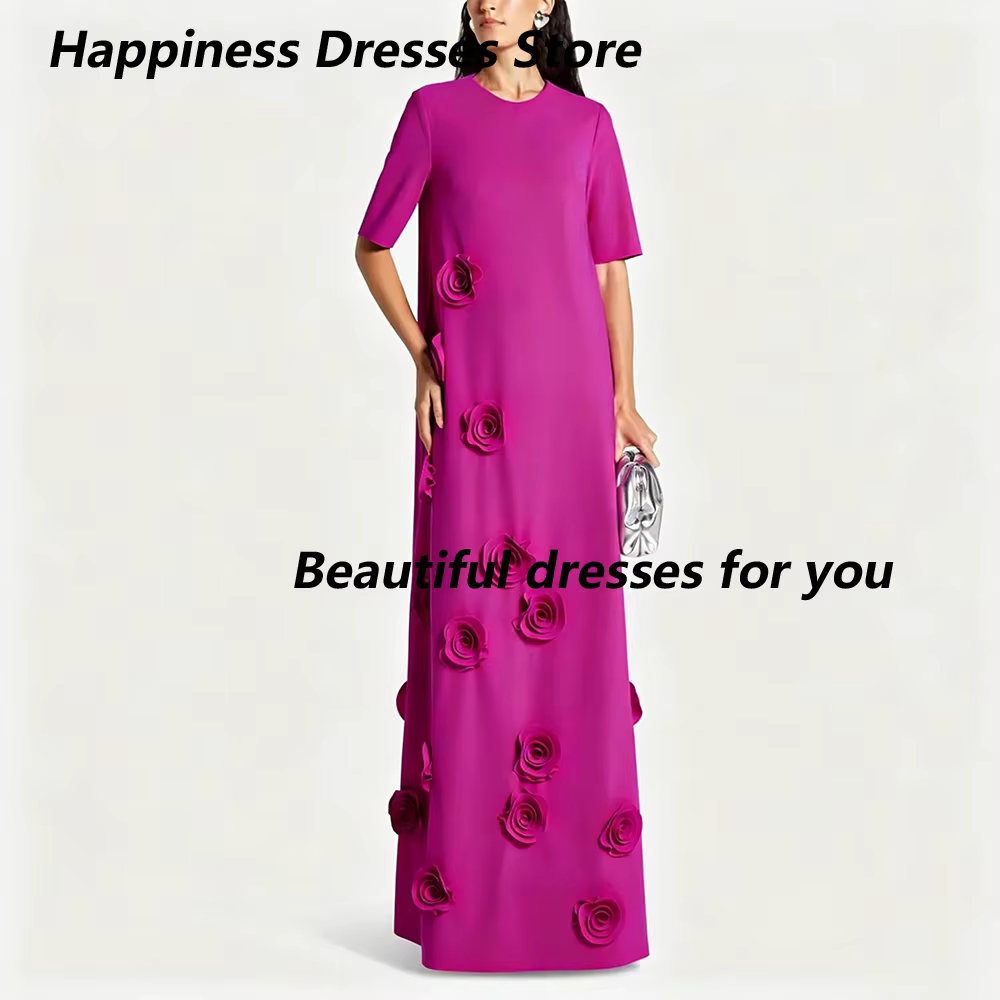 Robe de soirée fuchsia personnalisée, col rond, manches courtes, fleurs faites à la main, robe de ba