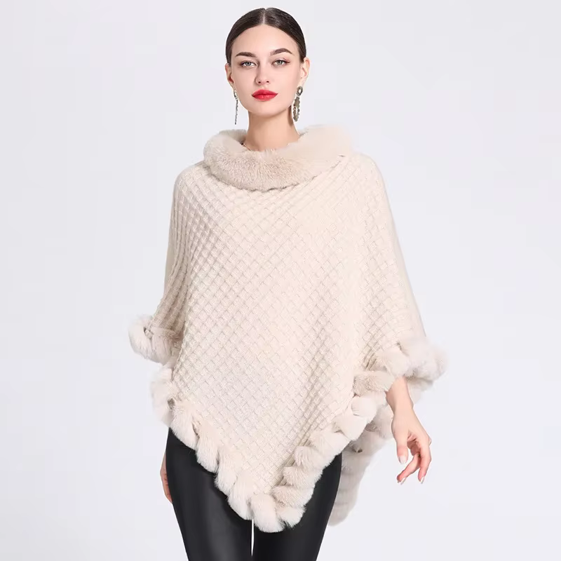 Cape Poncho ample pour femme, pull tricoté à carreaux en fausse fourrure de lapin, manches chauve-so